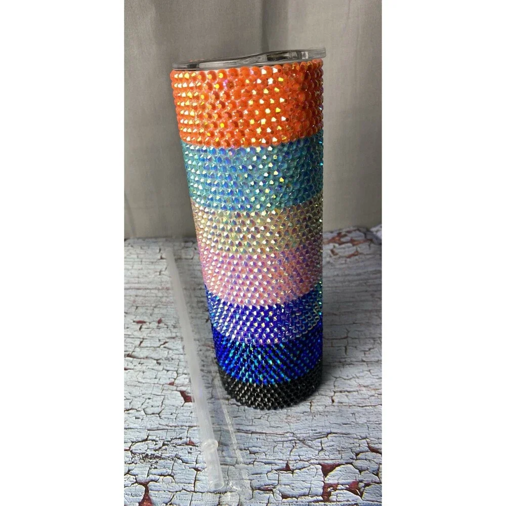 Multicolor Handmade Rhinestone Tumbler W/Handle 20oz Skinny W/Lid & Straw